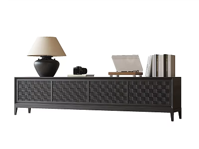 Dark TV Stand with Woven Cabinet Doors Four Legs Table Lamp Camera Open Laptop 3d model