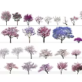 Colorful Trees on Multiple Shelves with Various Forms and Purple Pink Blue White Canopies