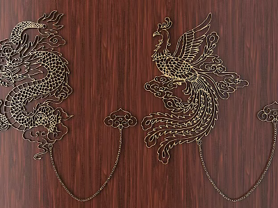 Intricate Dragon and Phoenix Carvings on Wooden Surface with Ornate Patterns 3d model