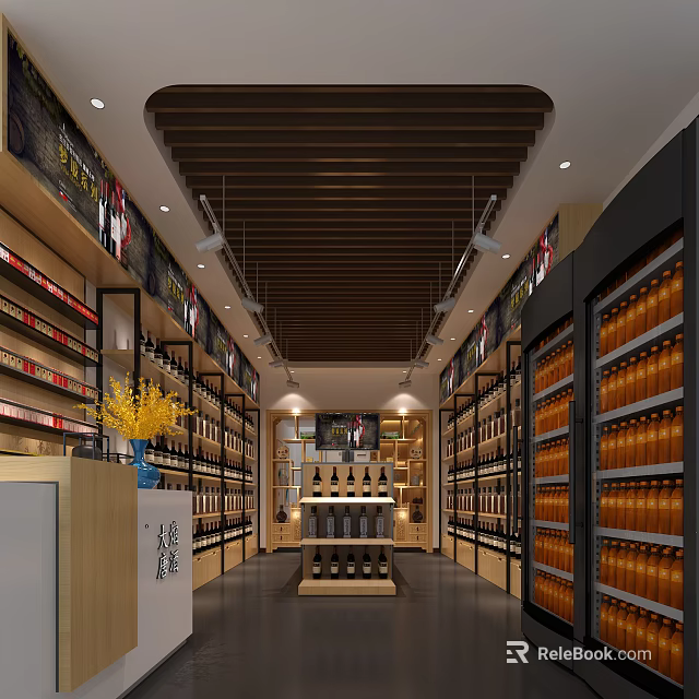 Liquor Store Interior Layout With Wooden Shelves And Wine Bottles Display Racks 3d model 