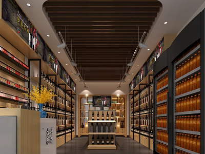 Liquor Store Interior Layout With Wooden Shelves And Wine Bottles Display Racks 3d model