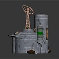 Industrial Equipment Structure With Tower Control Panel Pipes And Green Liquid Container
