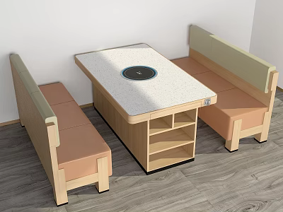 Public Seating With Wooden Frame Upholstered Benches Square Table And Circular Inset 3d model