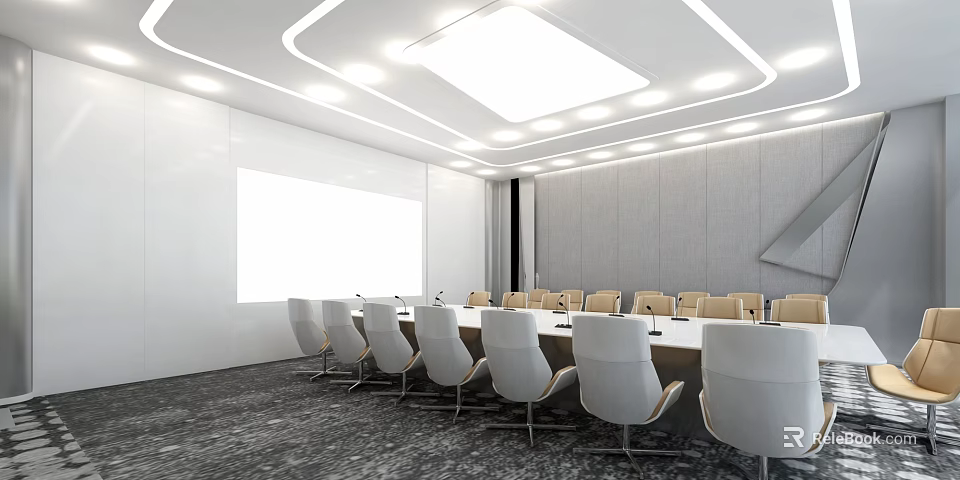 Modern Conference Room Interior Design With Long Table White Chairs Projector Screen And Ceiling Lights 3d model 