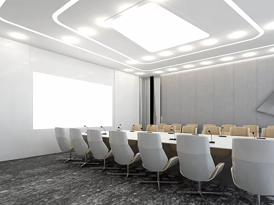 Modern Conference Room Interior Design With Long Table White Chairs Projector Screen And Ceiling Lights 3d model