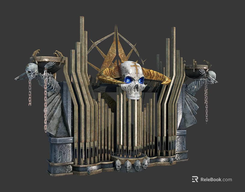 Gothic Decorative Structure With Blue Eyed Skull Horns And Metal Chains 3d model 