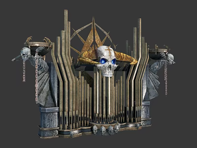Gothic Decorative Structure With Blue Eyed Skull Horns And Metal Chains 3d model