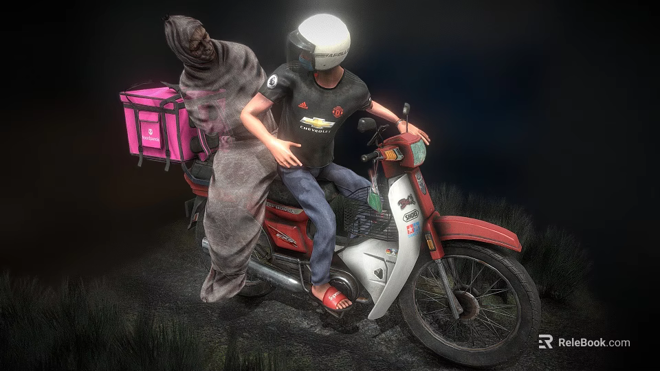 Red and White Motorcycle With Rider in White Helmet Pink Delivery Box and Cloaked Figure 3d model 