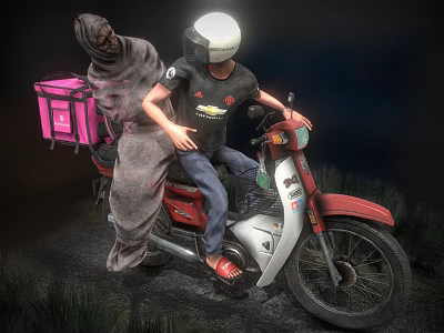 Red and White Motorcycle With Rider in White Helmet Pink Delivery Box and Cloaked Figure 3d model