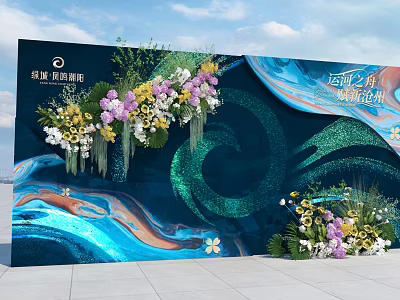 Check In Area Setup With Floral Arrangements And Wave Pattern Background For Event 3d model