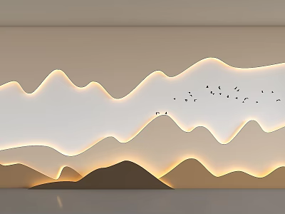 Modern Interior Background Wall With Wavy Mountain Silhouette And Flying Birds Lighting Effect 3d model