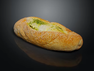 Baked Stuffed Baguette With Green Herb Filling And Sesame Seeds On Black Background 3d model