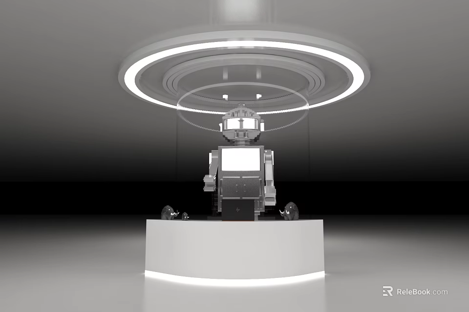 Contemporary Device Display On White Stand With Circular Overhead Lighting In Exhibition Scene 3d model 