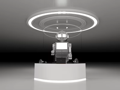 Contemporary Device Display On White Stand With Circular Overhead Lighting In Exhibition Scene 3d model