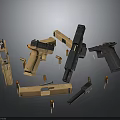 Detailed Disassembled Handgun Weapons With Black Brown Components And Bullets Layout