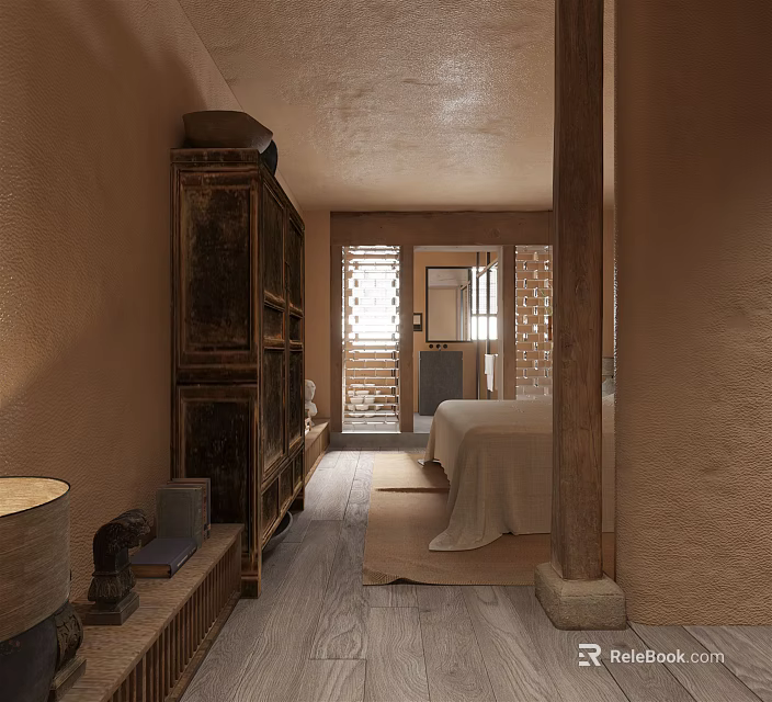 Traditional Hotel Room Interior With Vintage Wooden Cabinet Bed And Brick Wall 3d model 