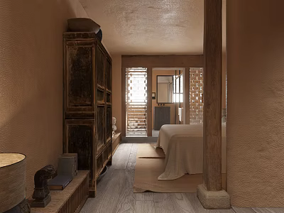 Traditional Hotel Room Interior With Vintage Wooden Cabinet Bed And Brick Wall 3d model