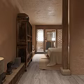 Traditional Hotel Room Interior With Vintage Wooden Cabinet Bed And Brick Wall
