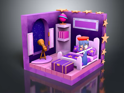 Cartoon Purple Themed Room With Star Decorations Starry Window Telescope And Cartoon Character On Bed 3d model