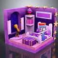 Cartoon Purple Themed Room With Star Decorations Starry Window Telescope And Cartoon Character On Bed