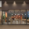Modern Café Interior Design With Orange Walls Wooden Ceiling Coffee Bar And Cozy Seating