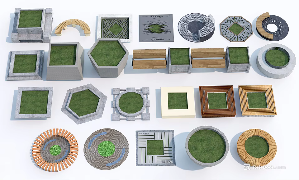 Various Shaped Tree Planters With Different Materials And Green Foliage Design 3d model