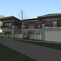 Modern Two Story Sales Office Building With Pool Lounge Chairs And Greenery