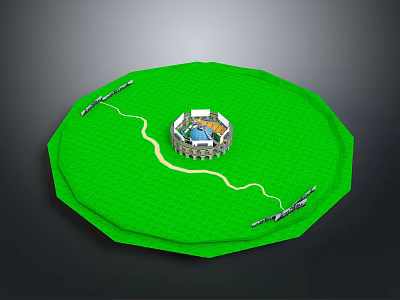 Green Circular Lawn With Central Building And Winding Tracks Around It 3d model