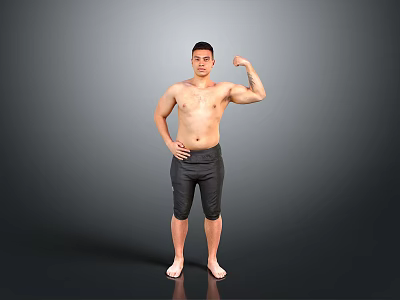 Shirtless Man Flexing Muscular Bicep In Black Shorts Against Gray Background 3d model