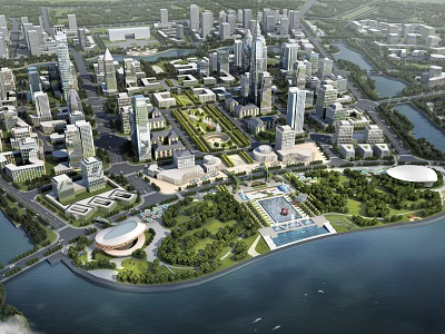 Aerial View of Modern Urban Planning with Skyscrapers River Green Spaces and Parks 3d model