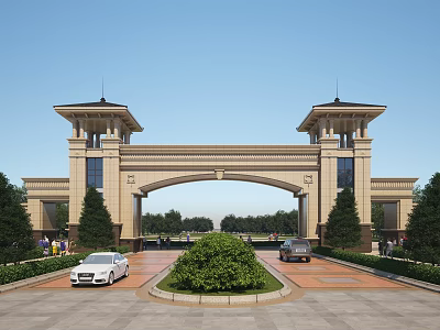 Classic Entrance Gate With Twin Towers Archway And Landscaped Lawn 3d model