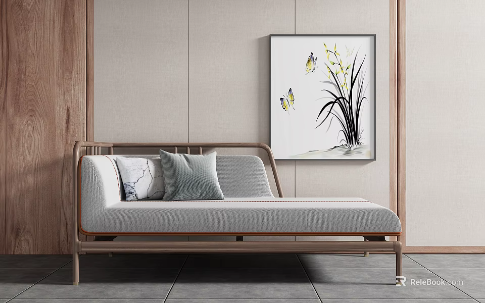 Light Gray Chaise Lounge with Wooden Frame and Orchid Butterfly Painting on Beige Wall 3d model 