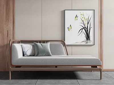 Light Gray Chaise Lounge with Wooden Frame and Orchid Butterfly Painting on Beige Wall 3d model