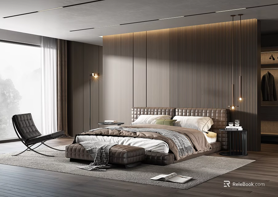 Modern Bedroom Interior With Leather Headboard Bed Wooden Panel Wall Side Table And Accent Chair 3d model 