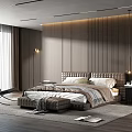 Modern Bedroom Interior With Leather Headboard Bed Wooden Panel Wall Side Table And Accent Chair
