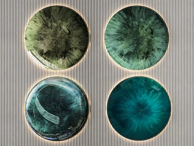 Stylish Circular Green And Blue Textured Glass Wall Decor On Striped Wall 3d model