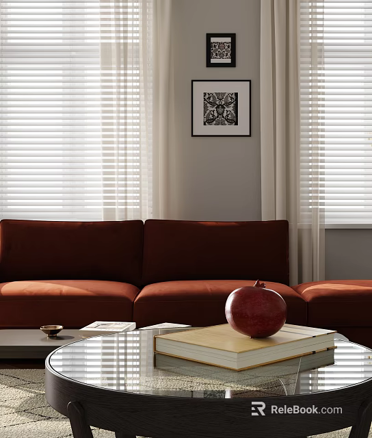 Living Room Interior With Red Sofa Window Blinds Coffee Table Pomegranate Books And Framed Artwork 3d model 