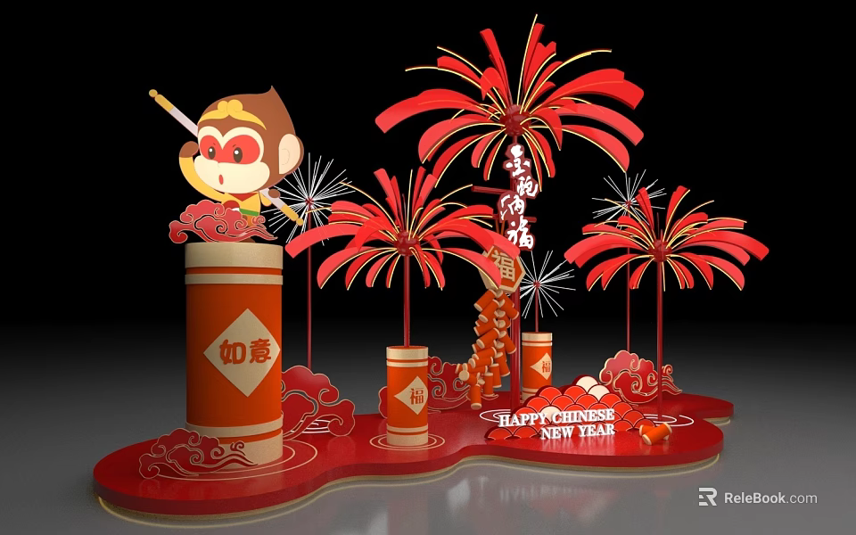 Chinese New Year Art Installation Featuring Cartoon Monkey Golden Cudgel Red Fireworks and Ruyi Pillars 3d model 