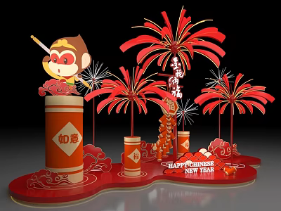 Chinese New Year Art Installation Featuring Cartoon Monkey Golden Cudgel Red Fireworks and Ruyi Pillars 3d model