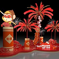 Chinese New Year Art Installation Featuring Cartoon Monkey Golden Cudgel Red Fireworks and Ruyi Pillars