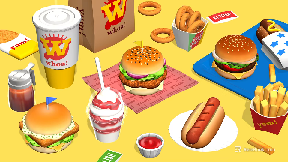 Assorted Fast Food Items Including Hamburgers Hot Dog Milkshake Onion Rings And Fries 3d model 