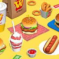 Assorted Fast Food Items Including Hamburgers Hot Dog Milkshake Onion Rings And Fries