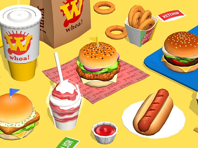 Assorted Fast Food Items Including Hamburgers Hot Dog Milkshake Onion Rings And Fries 3d model
