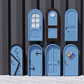 Blue Hinged Doors With Various Styles And Window Panels On Gray Wall 3d model