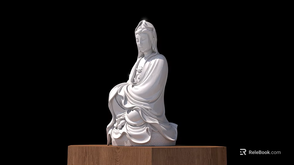 White Stone Seated Figure Sculpture With Wooden Base On Black Background 3d model 