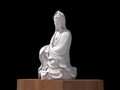 White Stone Seated Figure Sculpture With Wooden Base On Black Background 3d model
