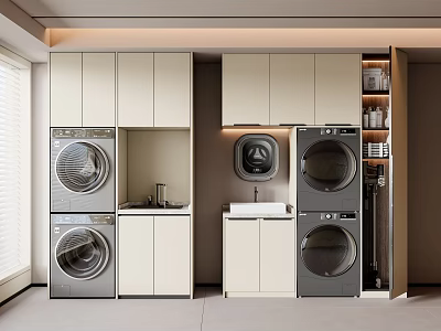 Modern Laundry Room With Stacked Washing Machines Sink And Light Cabinets 3d model
