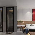 Hotel Room Interior With Comfortable Bed Window Blinds And Decorative Painting