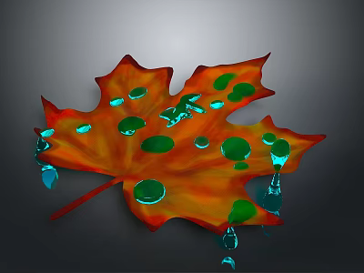 Vibrant Orange Red Maple Leaf With Shiny Water Droplets On Surface 3d model