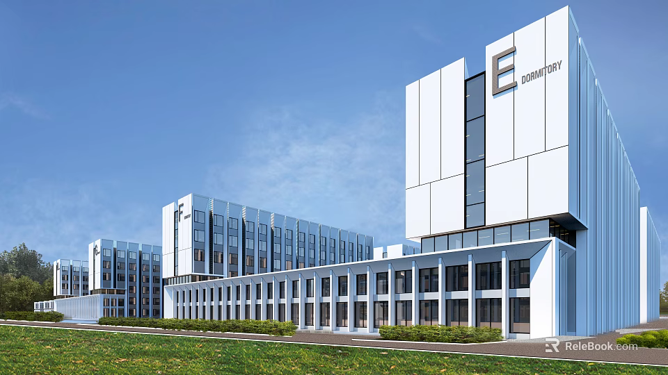 Modern Industrial Factory Building Exterior With White Facade And Glass Curtain Wall Design 3d model 